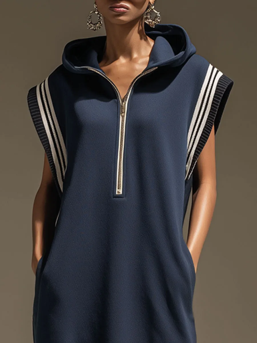 Sporty Retro Hooded Striped Ruffled Navy Blue Cotton Sleeveless Midi Dress sold by Oyrosy product image thumbnail 3