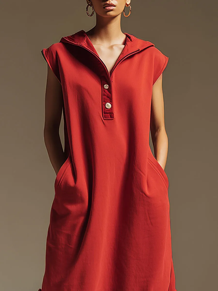 Sporty Retro Lace Ruffled Red Cotton Sleeveless Hooded Midi Dress sold by Oyrosy product image thumbnail 3