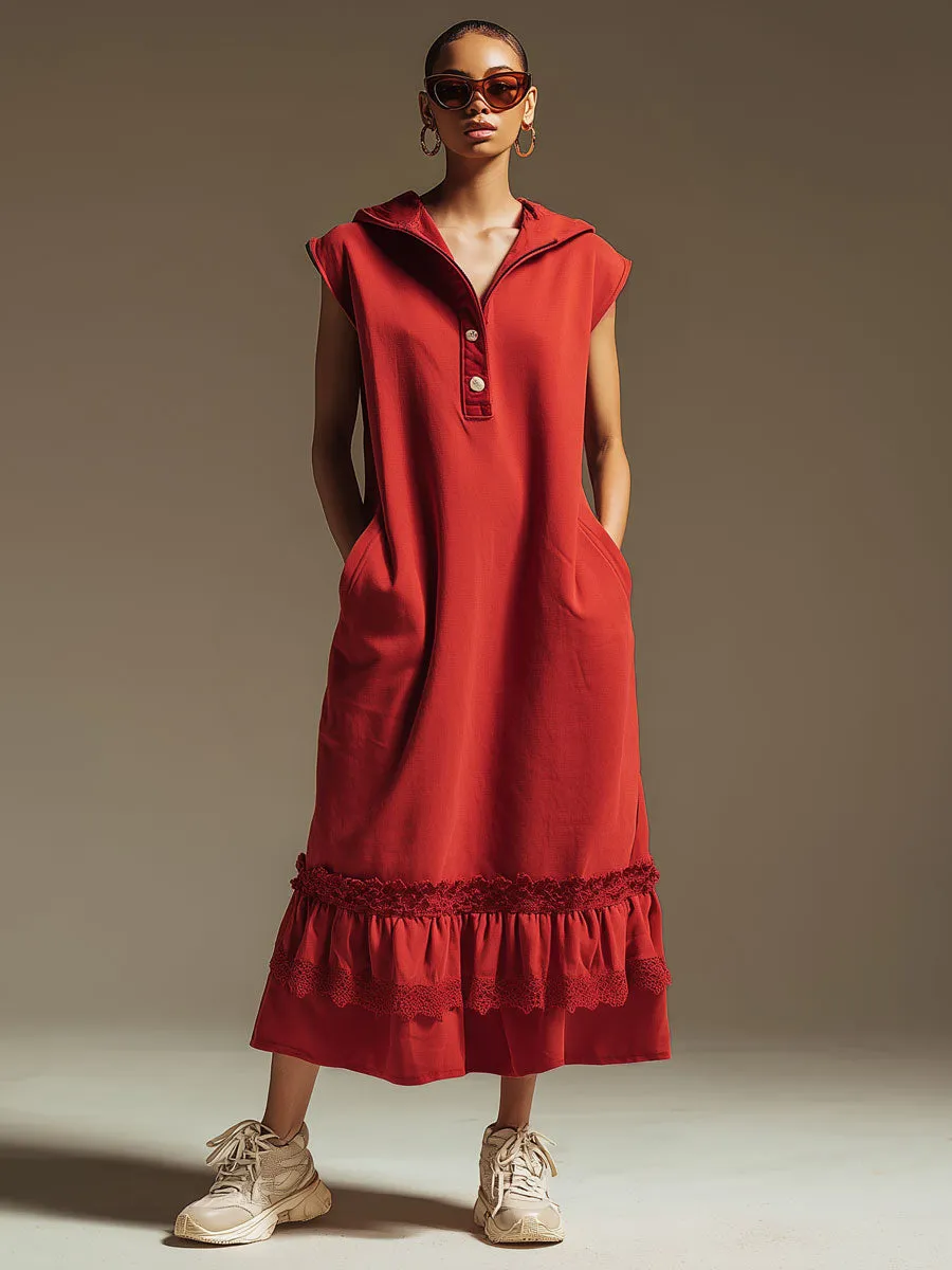 Sporty Retro Lace Ruffled Red Cotton Sleeveless Hooded Midi Dress sold by Oyrosy product image thumbnail 2