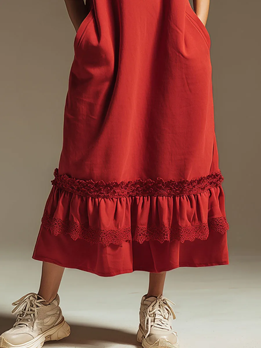 Sporty Retro Lace Ruffled Red Cotton Sleeveless Hooded Midi Dress sold by Oyrosy product image thumbnail 4