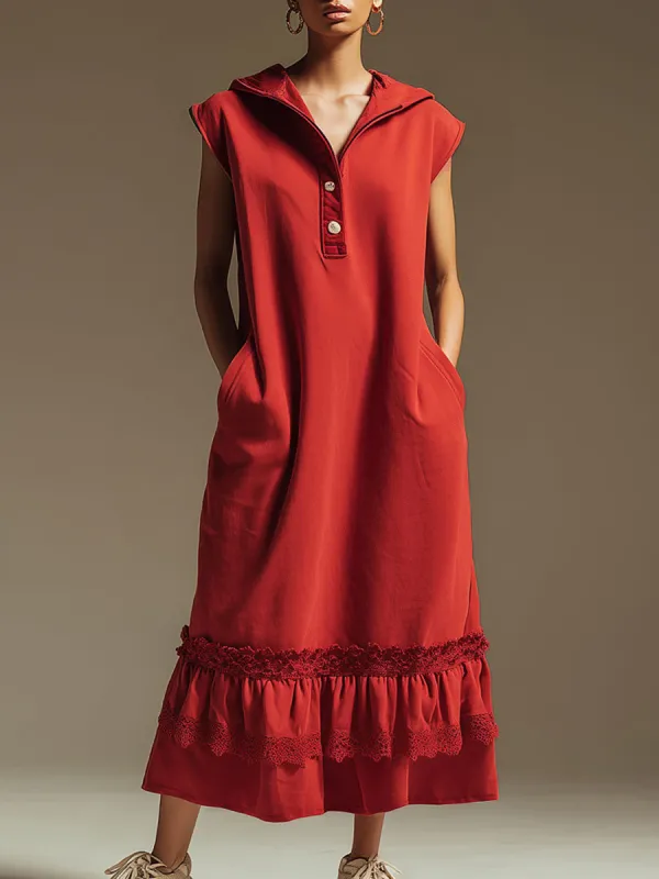Sporty Retro Lace Ruffled Red Cotton Sleeveless Hooded Midi Dress sold by Oyrosy