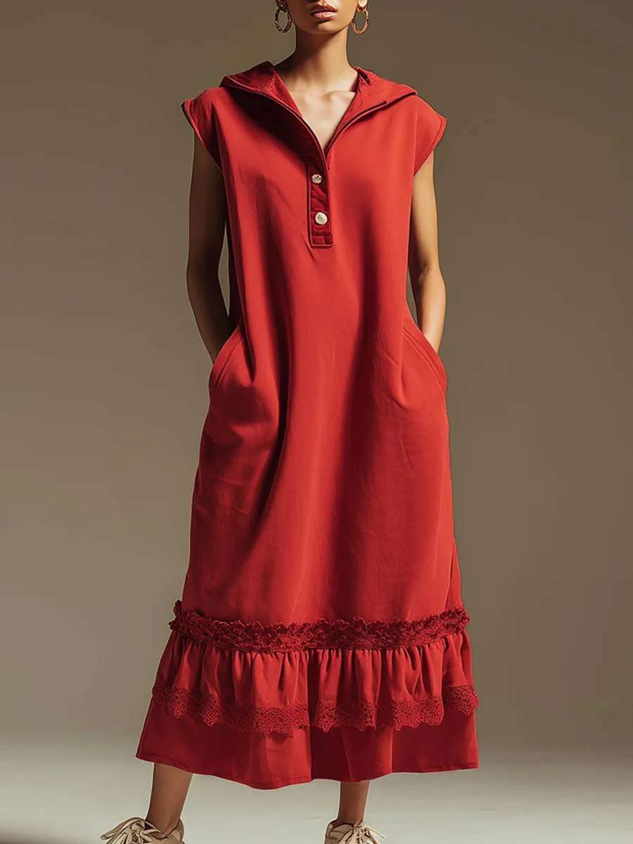 Sporty Retro Lace Ruffled Red Cotton Sleeveless Hooded Midi Dress sold by Oyrosy