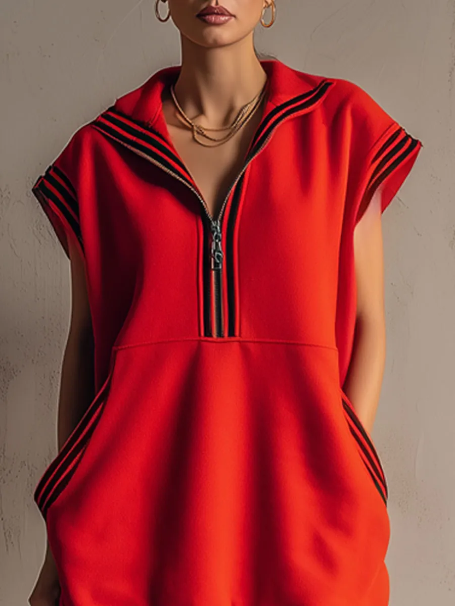 Sporty Retro Striped Ribbed Red Cotton Sleeveless Mini Dress sold by Oyrosy product image thumbnail 3