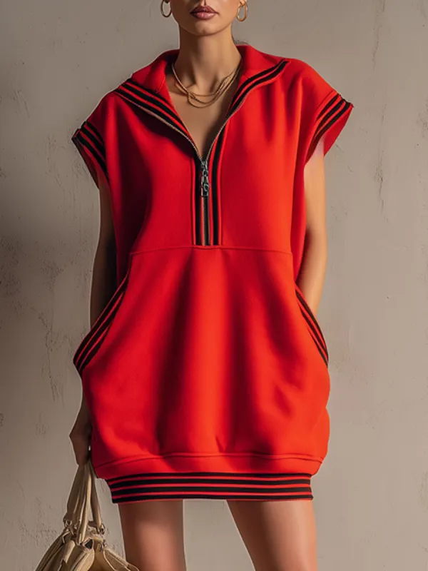 Sporty Retro Striped Ribbed Red Cotton Sleeveless Mini Dress sold by Oyrosy
