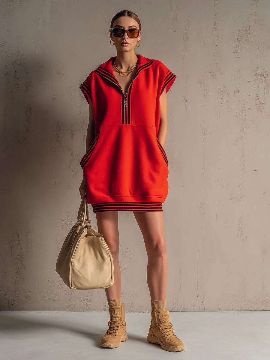 Sporty Retro Striped Ribbed Red Cotton Sleeveless Mini Dress sold by Oyrosy product image thumbnail 2