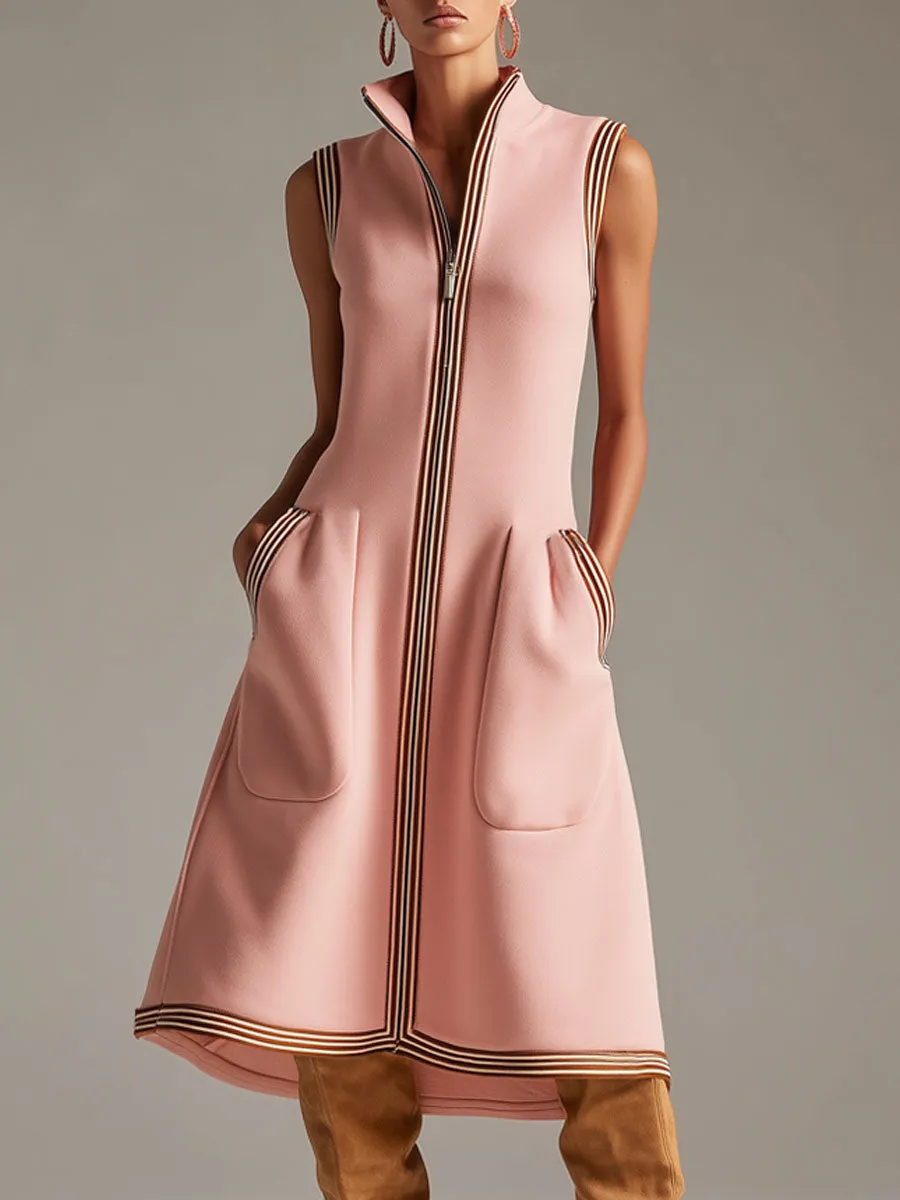 Sporty Retro Striped Ribbed Pink Cotton Blend Sleeveless Midi Dress sold by Oyrosy