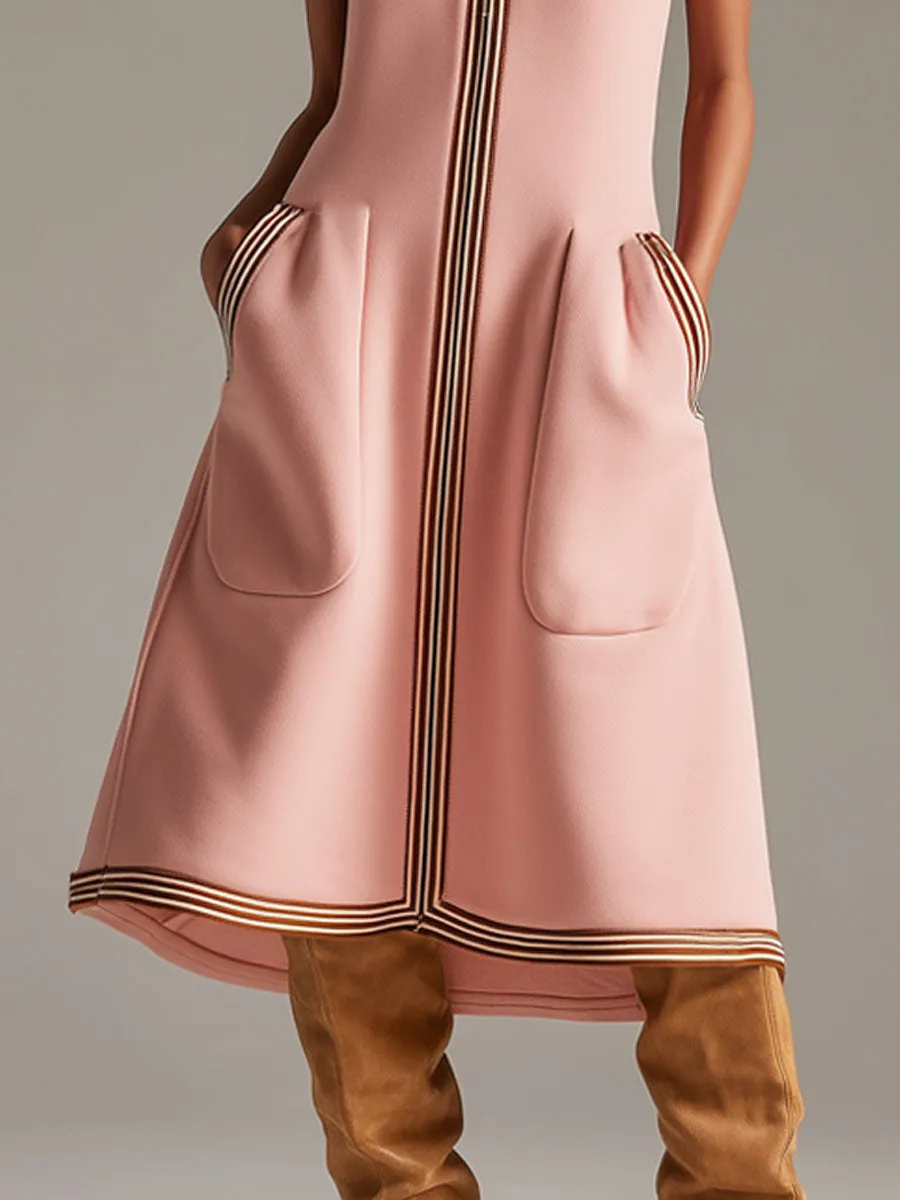 Sporty Retro Striped Ribbed Pink Cotton Blend Sleeveless Midi Dress sold by Oyrosy product image thumbnail 4