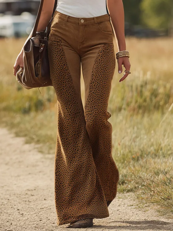 Leopard Print Patchwork Faux Suede Flared Pants made by Oyrosy