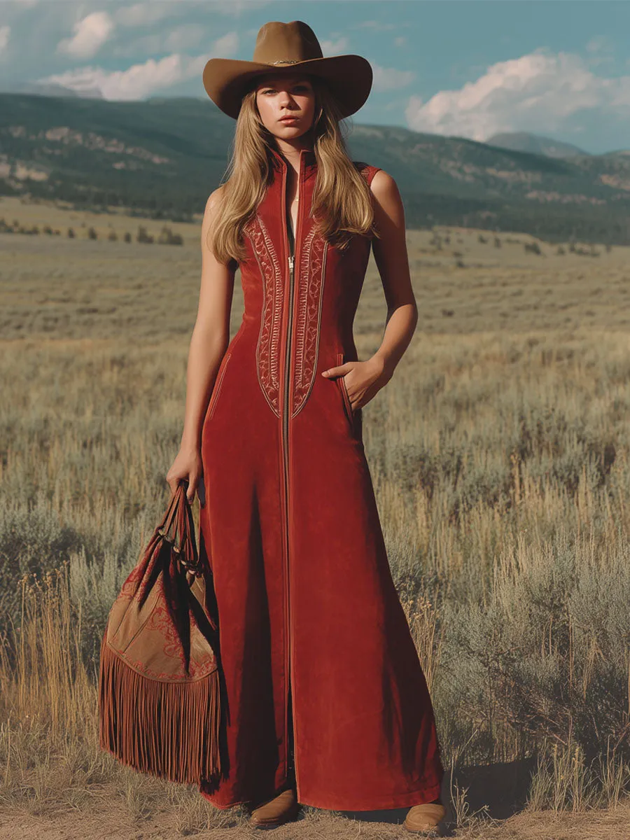 Western-style Stand-collar Long-zipper Embroidered Faux Suede Sleeveless Maxi Dress sold by Oyrosy product image thumbnail 4