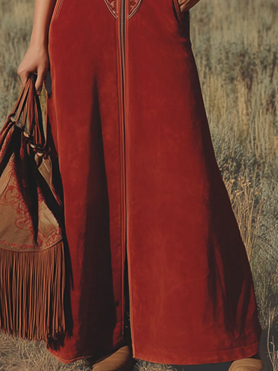 Western-style Stand-collar Long-zipper Embroidered Faux Suede Sleeveless Maxi Dress sold by Oyrosy product image thumbnail 3