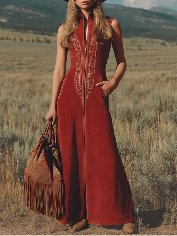 Western-style Stand-collar Long-zipper Embroidered Faux Suede Sleeveless Maxi Dress sold by Oyrosy
