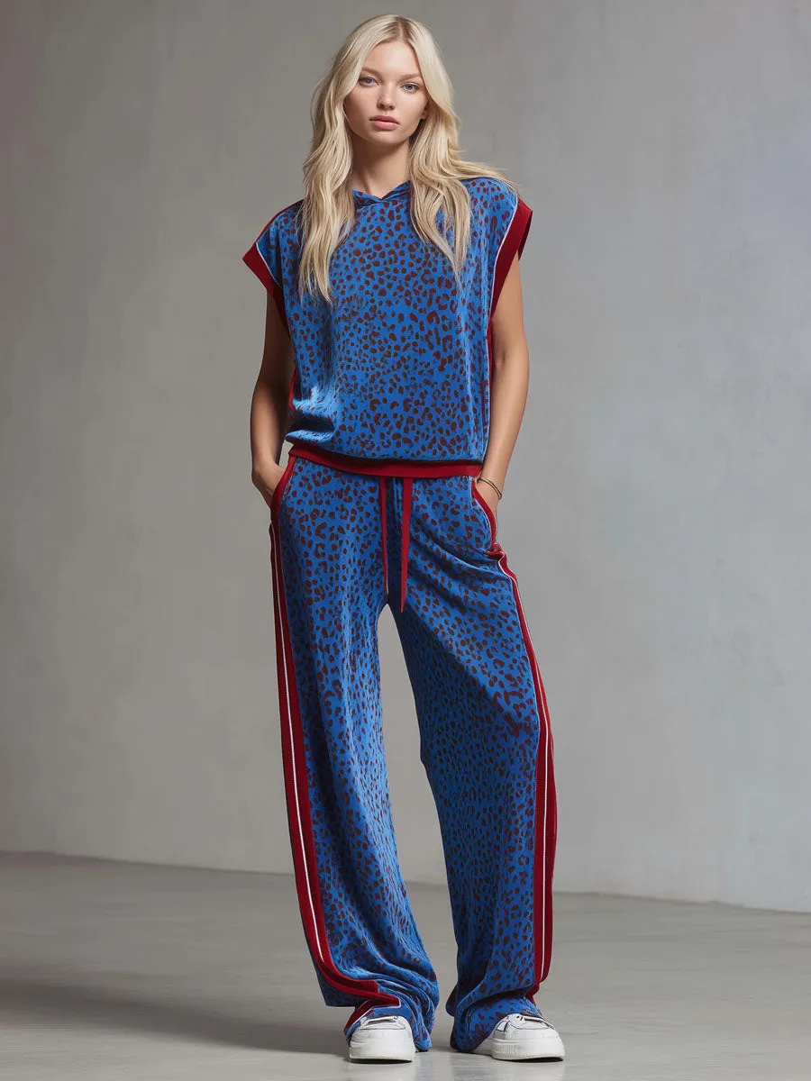 Leopard Print Hooded Sleeveless Top And Velvet Trousers Set sold by Oyrosy product image thumbnail 4