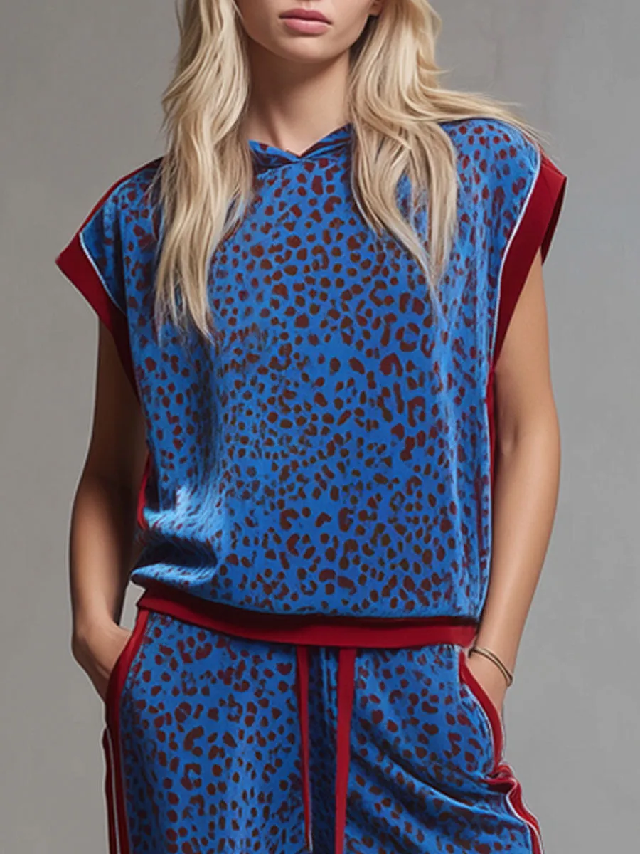 Leopard Print Hooded Sleeveless Top And Velvet Trousers Set sold by Oyrosy product image thumbnail 2