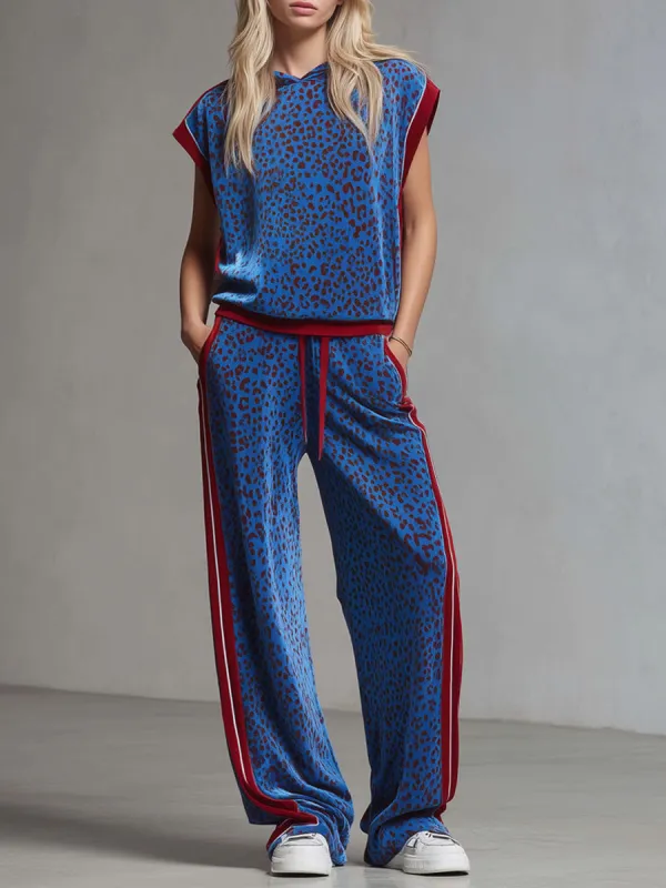 Leopard Print Hooded Sleeveless Top And Velvet Trousers Set sold by Oyrosy