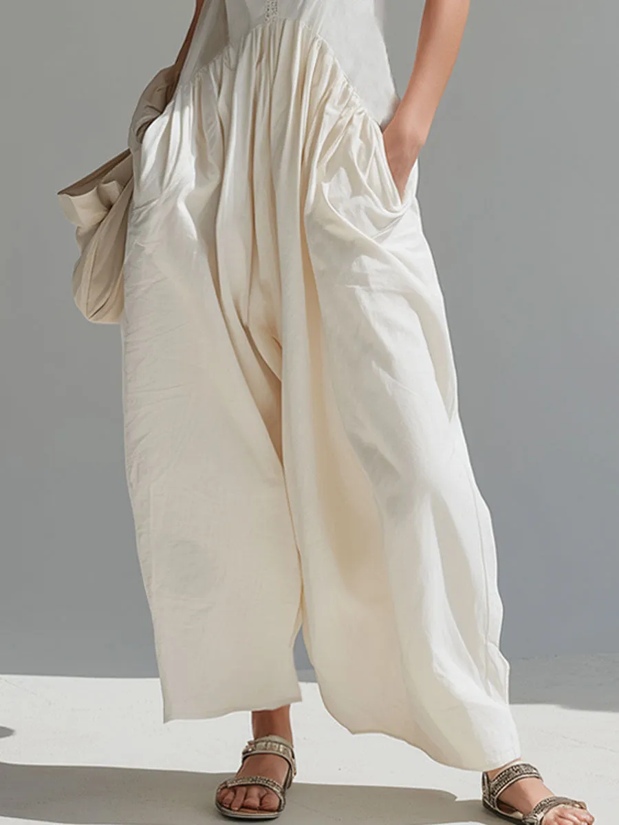 V-neck Double-pocket Cotton And Linen Wide-leg Sleeveless Jumpsuit sold by Oyrosy product image thumbnail 3