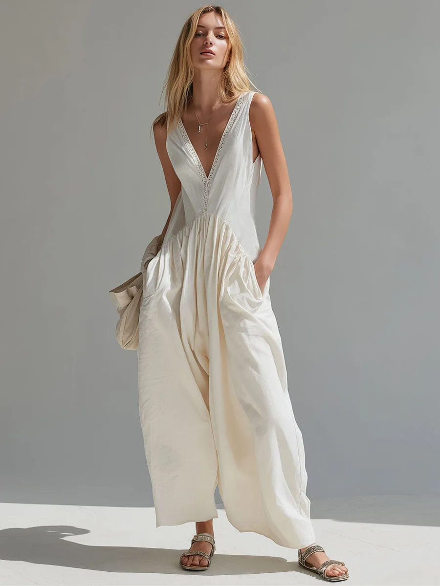 V-neck Double-pocket Cotton And Linen Wide-leg Sleeveless Jumpsuit sold by Oyrosy product image thumbnail 4