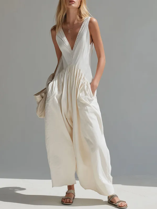 V-neck Double-pocket Cotton And Linen Wide-leg Sleeveless Jumpsuit sold by Oyrosy