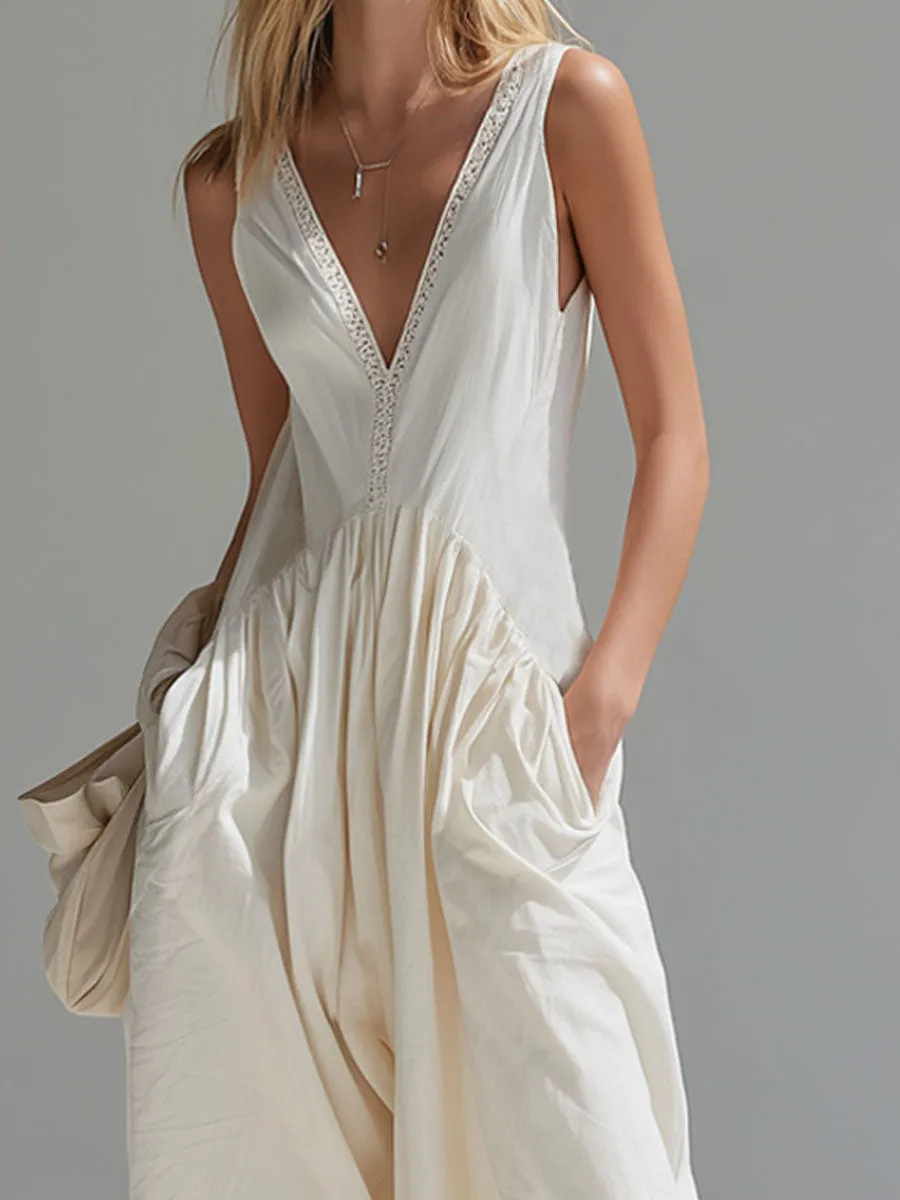 V-neck Double-pocket Cotton And Linen Wide-leg Sleeveless Jumpsuit sold by Oyrosy product image thumbnail 2