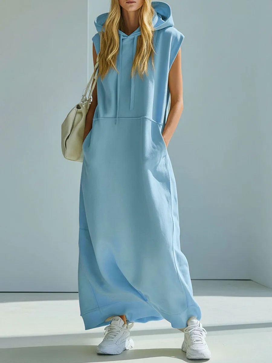 Loose-fitting Blue Hooded Double-pocket Sleeveless Maxi Dress sold by Oyrosy