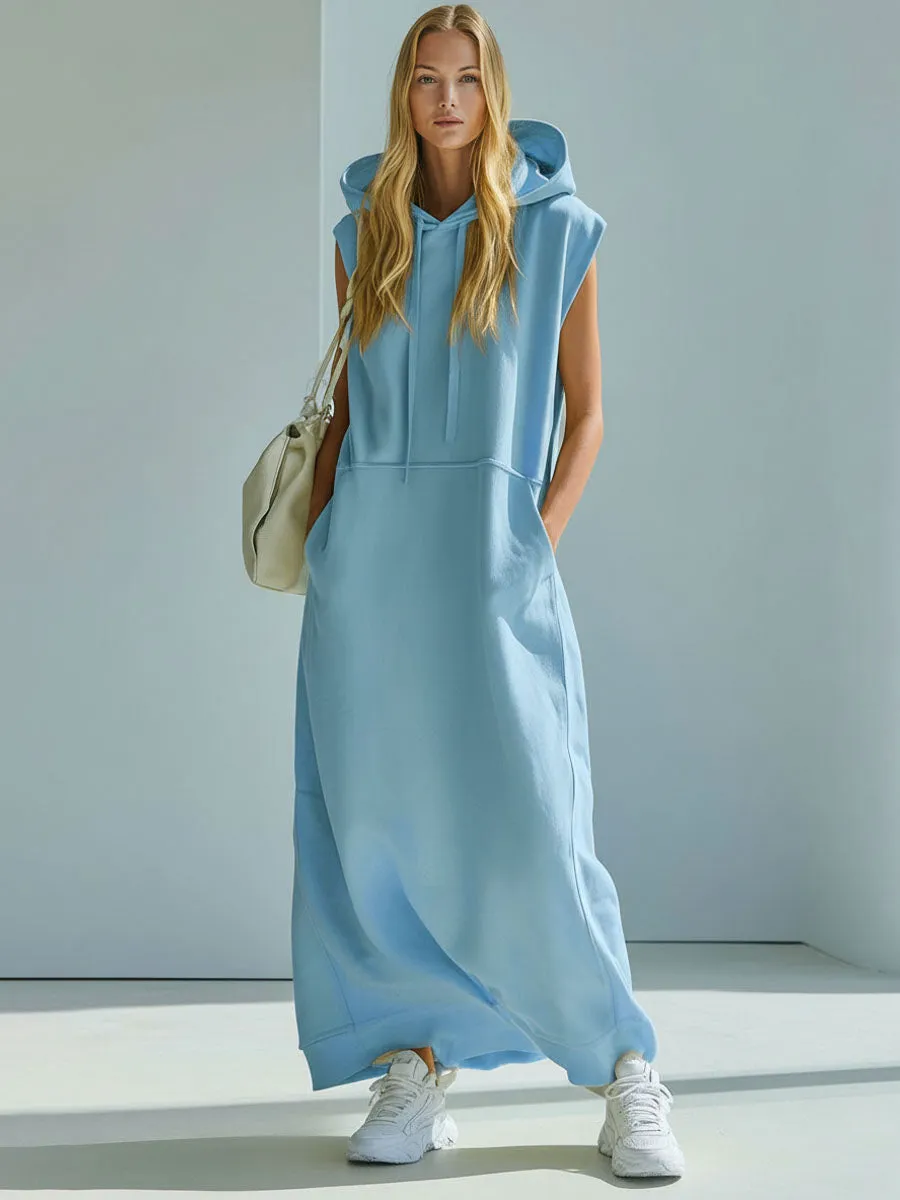Loose-fitting Blue Hooded Double-pocket Sleeveless Maxi Dress sold by Oyrosy product image thumbnail 4