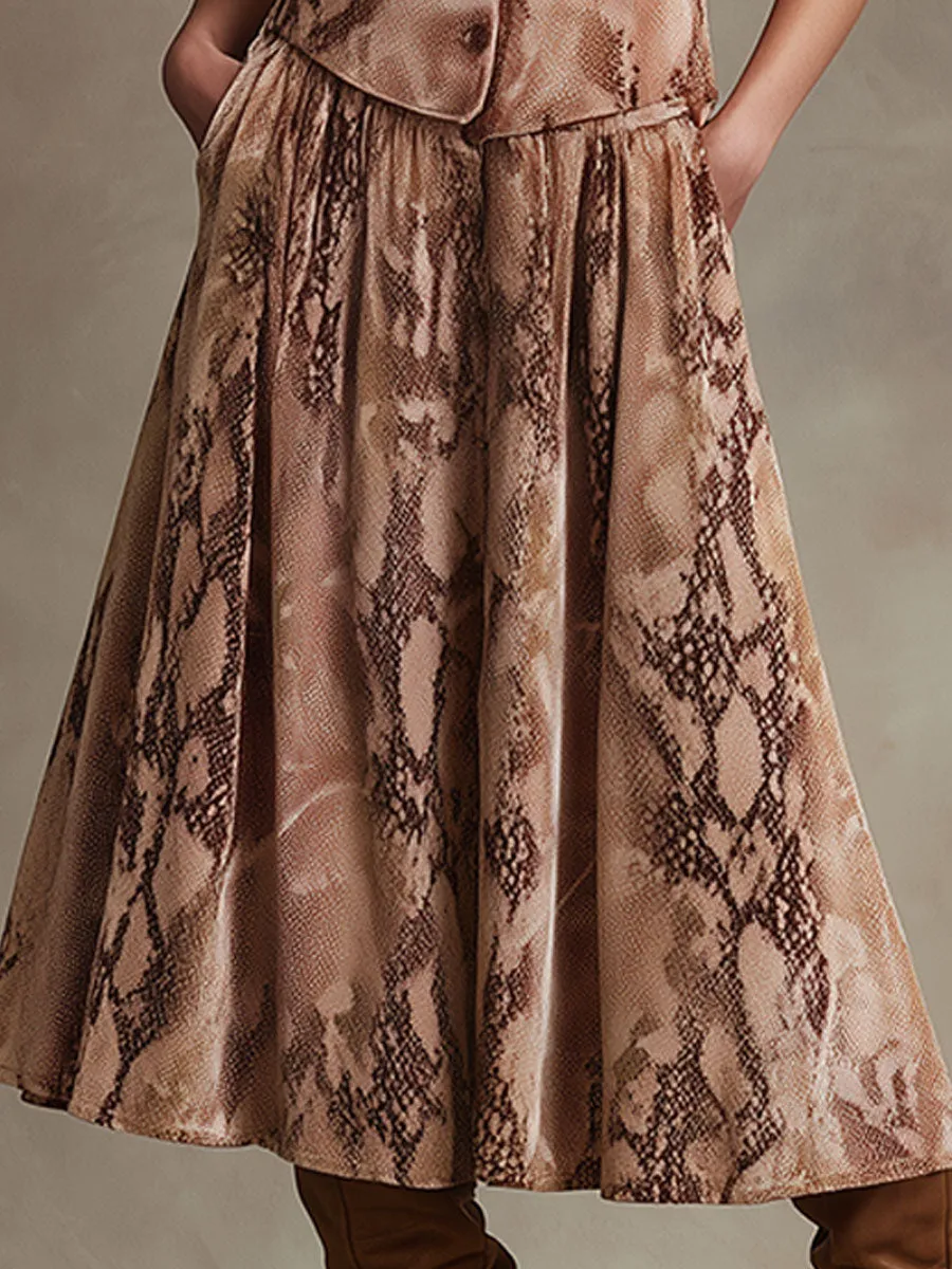 Stylish Retro Pink-brown Snakeskin Print Velvet Vest And Skirt Set sold by Oyrosy product image thumbnail 4