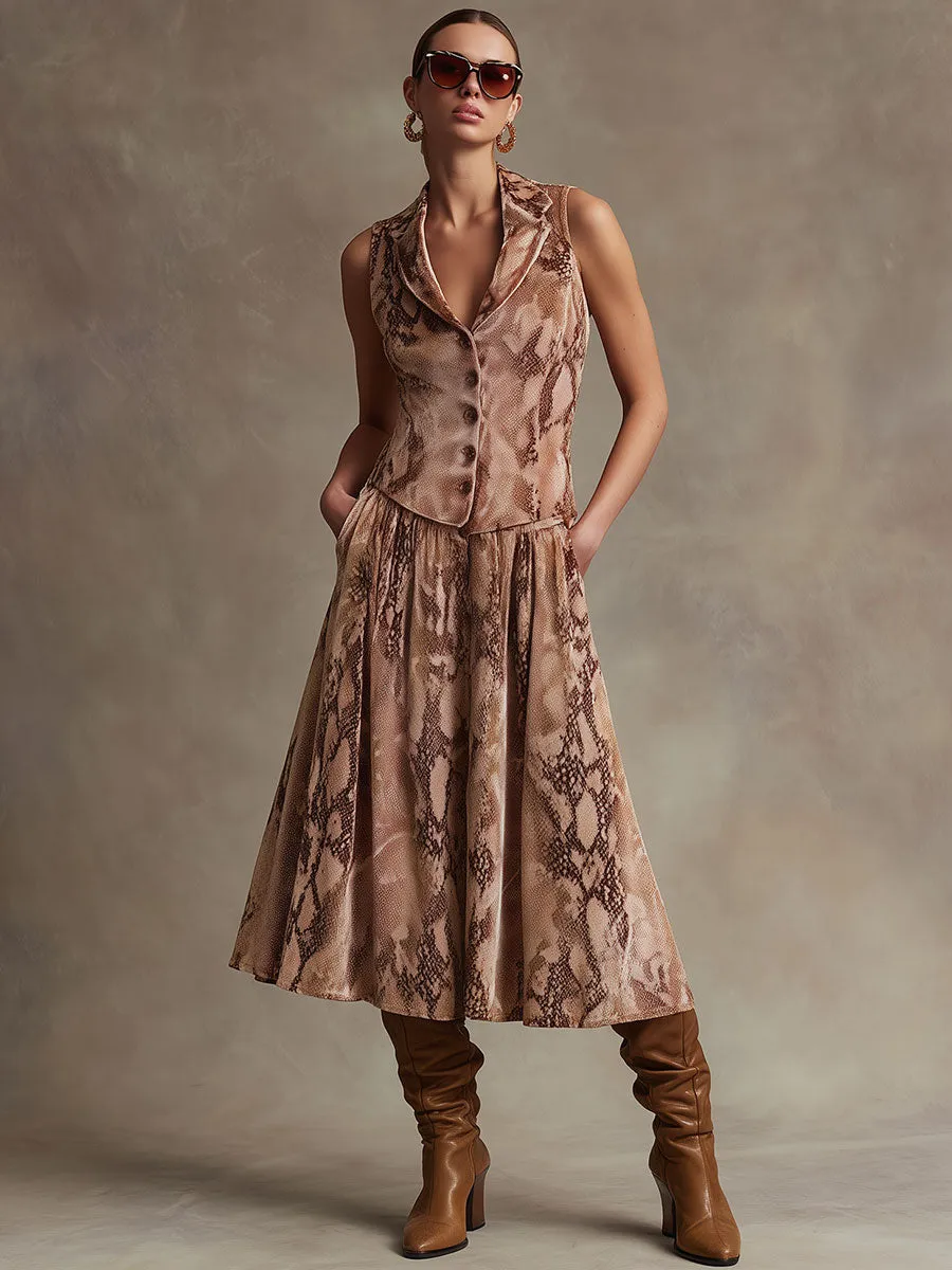 Stylish Retro Pink-brown Snakeskin Print Velvet Vest And Skirt Set sold by Oyrosy product image thumbnail 2