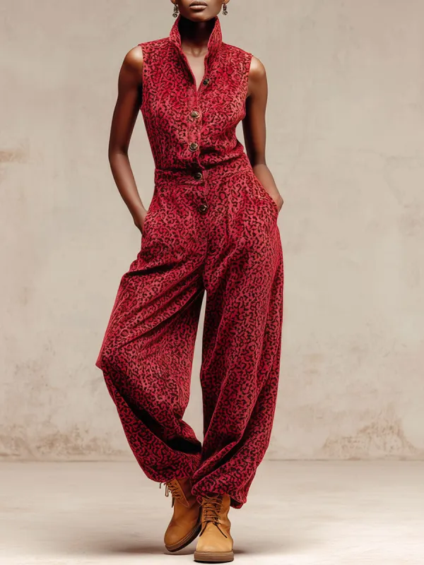 Casual Retro Leopard Print Red Velvet Sleeveless Jogger Jumpsuit sold by Oyrosy
