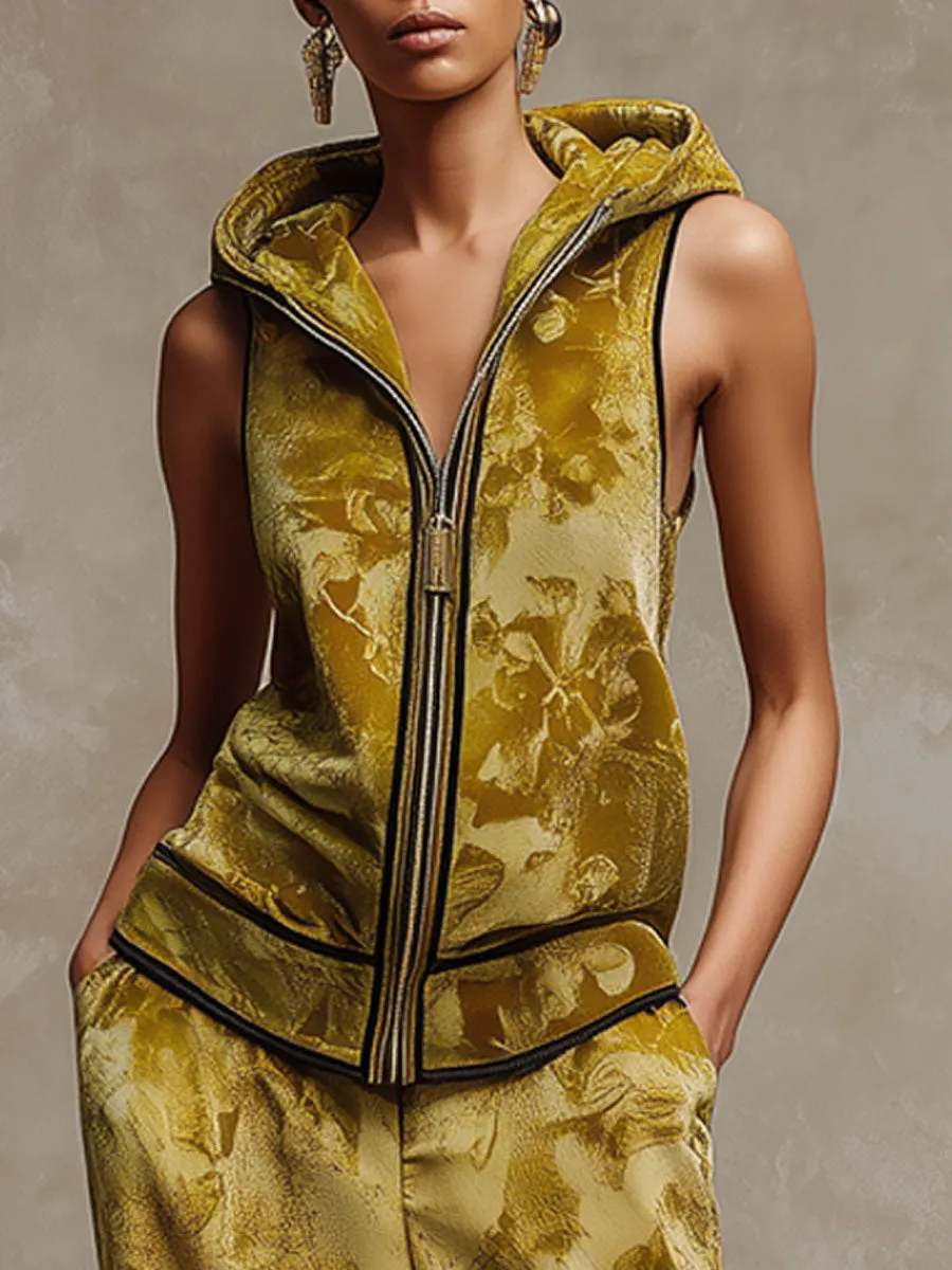 Sporty Retro Camouflage Yellow-Green Velvet Sleeveless Hoodie Wide-Leg Pants Set sold by Oyrosy product image thumbnail 3