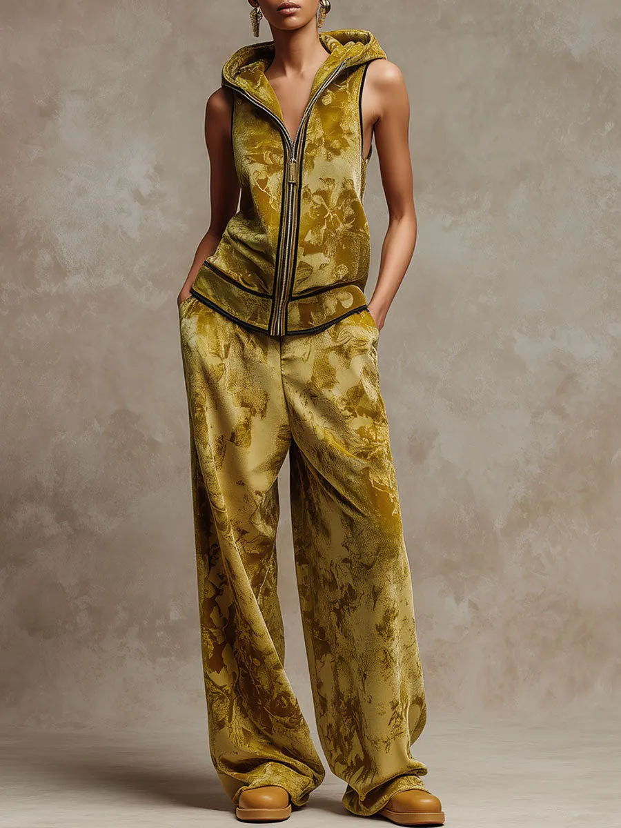 Sporty Retro Camouflage Yellow-Green Velvet Sleeveless Hoodie Wide-Leg Pants Set sold by Oyrosy
