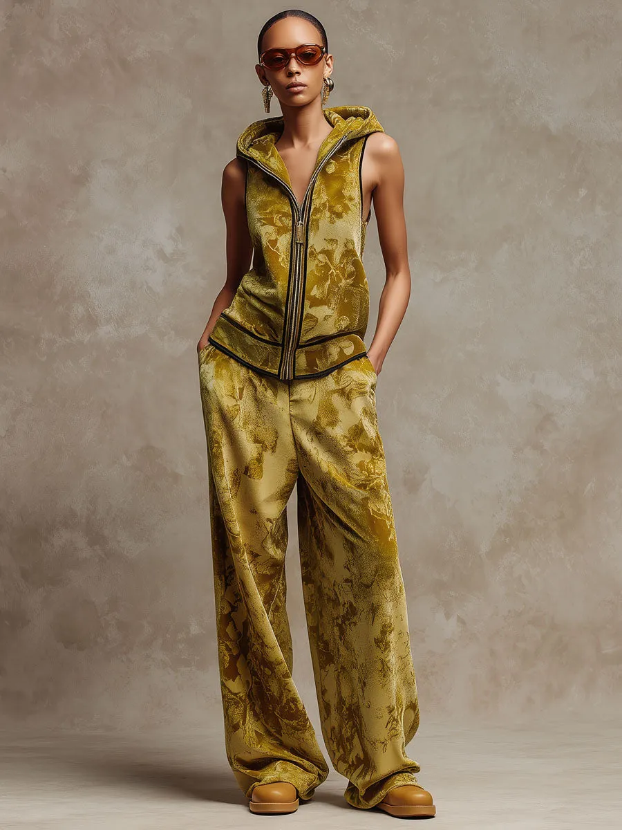 Sporty Retro Camouflage Yellow-Green Velvet Sleeveless Hoodie Wide-Leg Pants Set sold by Oyrosy product image thumbnail 2