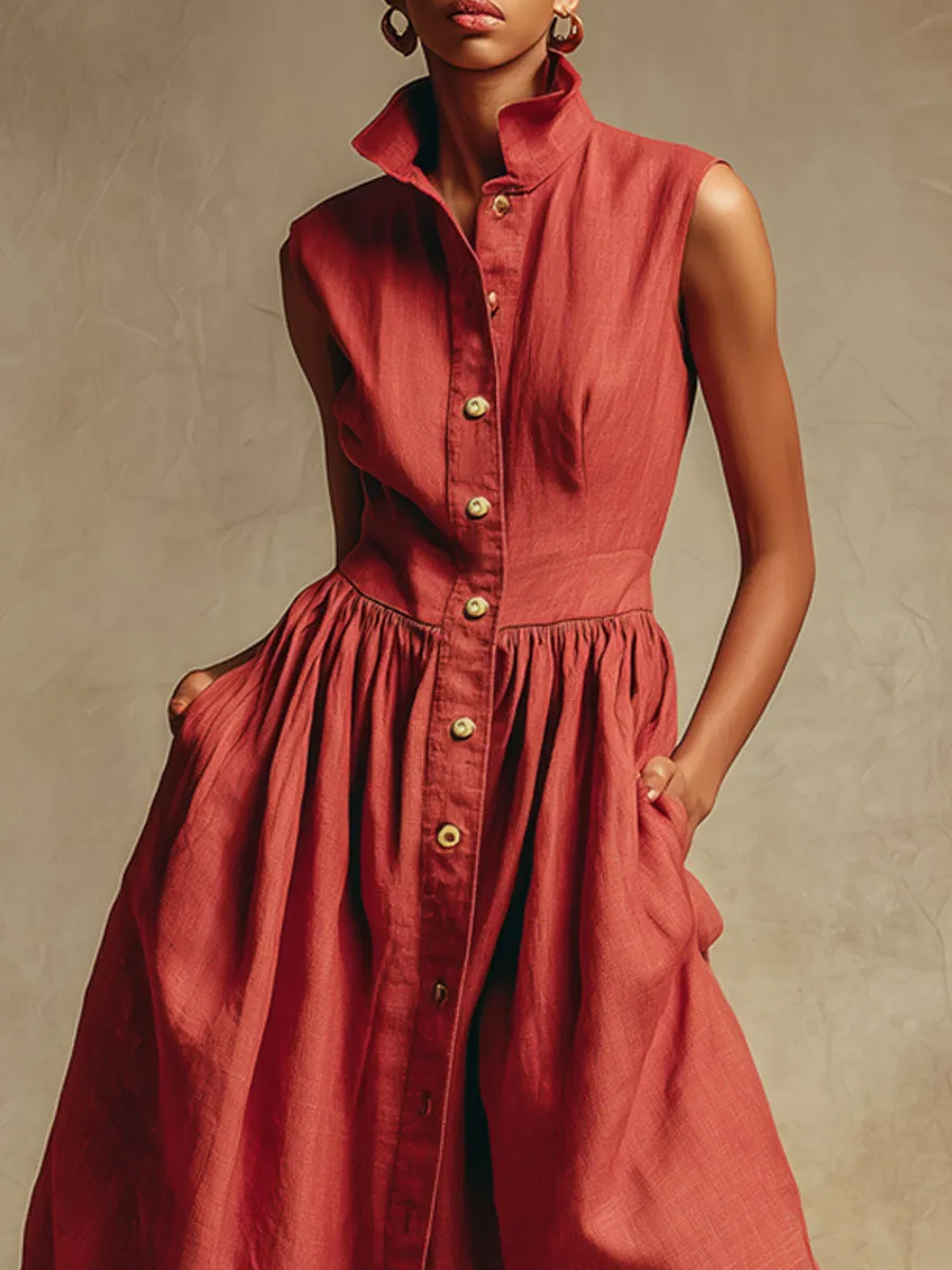 Fashionable Retro Red Cotton And Linen Pleated Cardigan Sleeveless Midi Dress sold by Oyrosy product image thumbnail 3