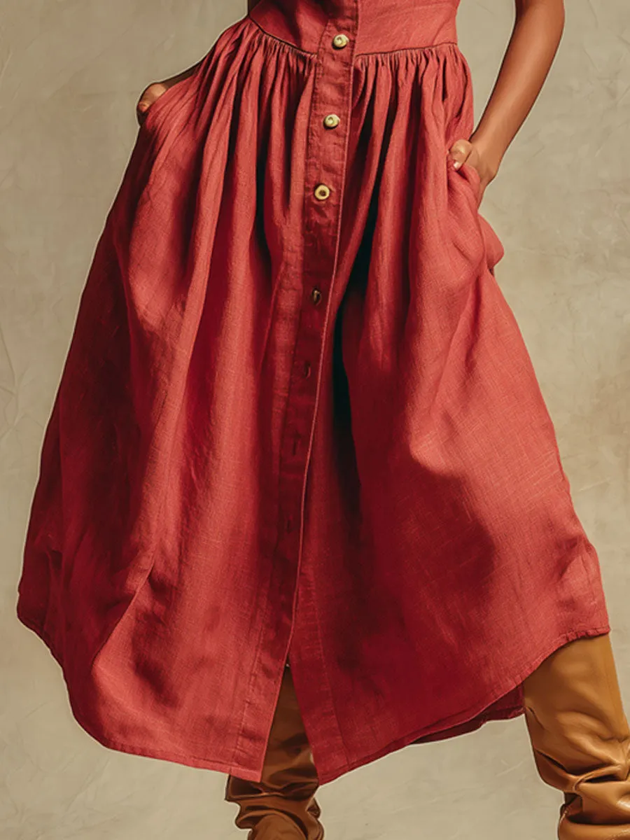 Fashionable Retro Red Cotton And Linen Pleated Cardigan Sleeveless Midi Dress sold by Oyrosy product image thumbnail 4