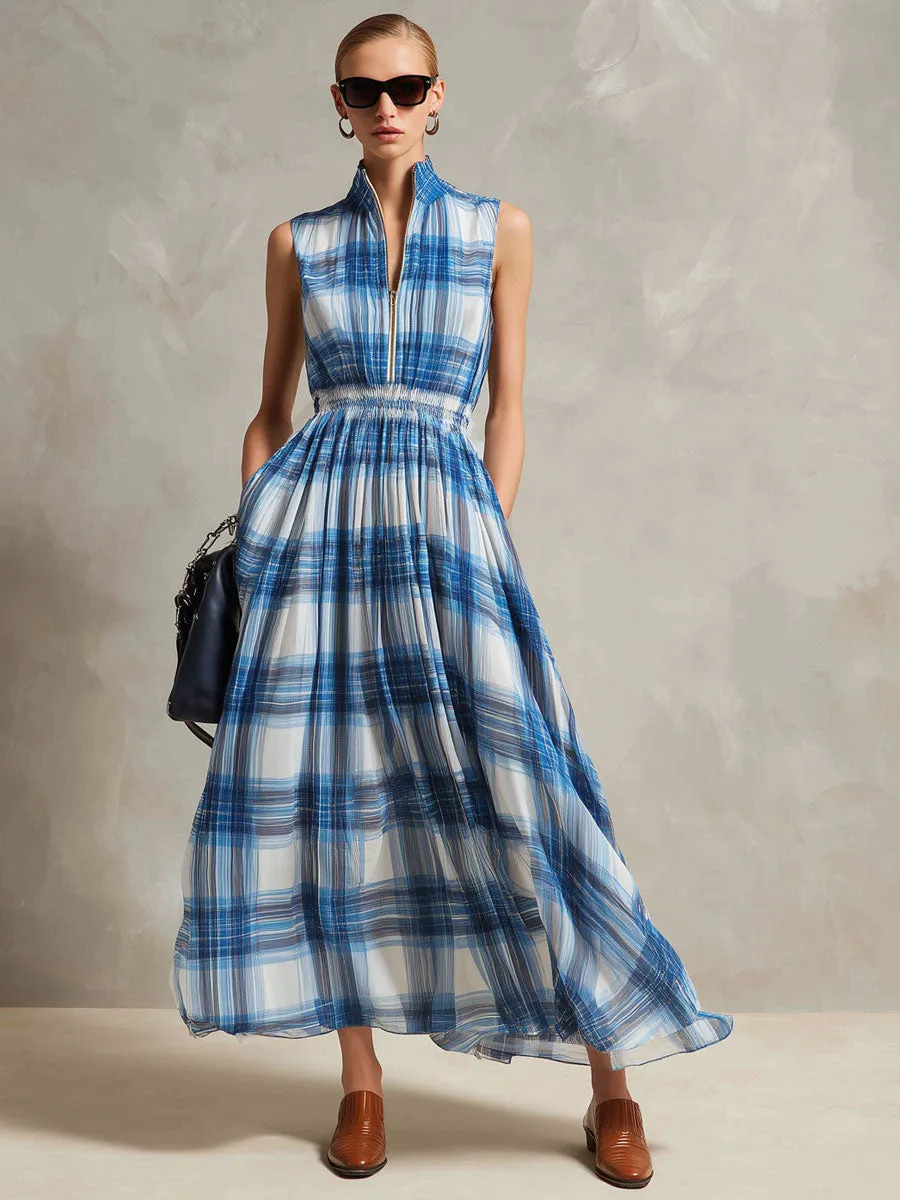 Vacation Retro Half-Zip Blue And White Check Chiffon Sleeveless Maxi Dress sold by Oyrosy product image thumbnail 2