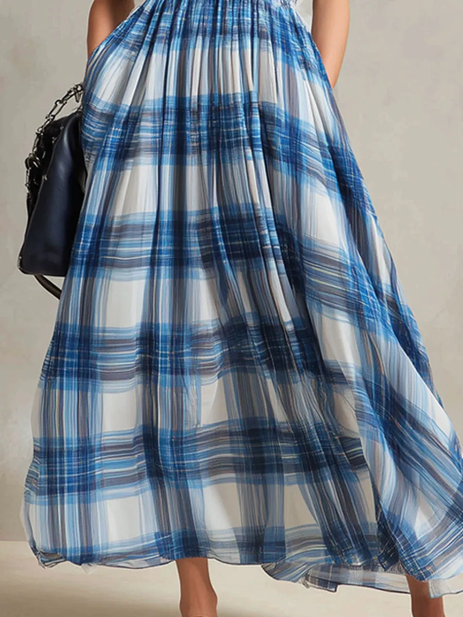 Vacation Retro Half-Zip Blue And White Check Chiffon Sleeveless Maxi Dress sold by Oyrosy product image thumbnail 4