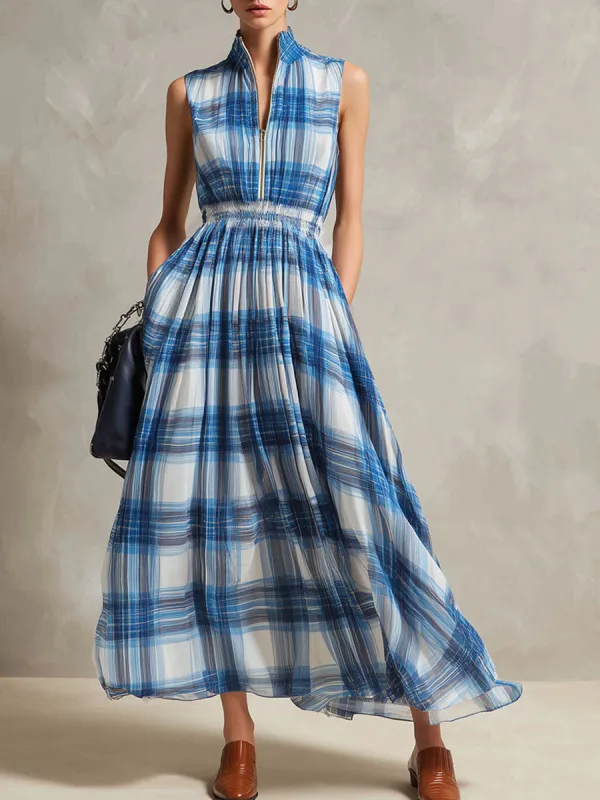 Vacation Retro Half-Zip Blue And White Check Chiffon Sleeveless Maxi Dress sold by Oyrosy