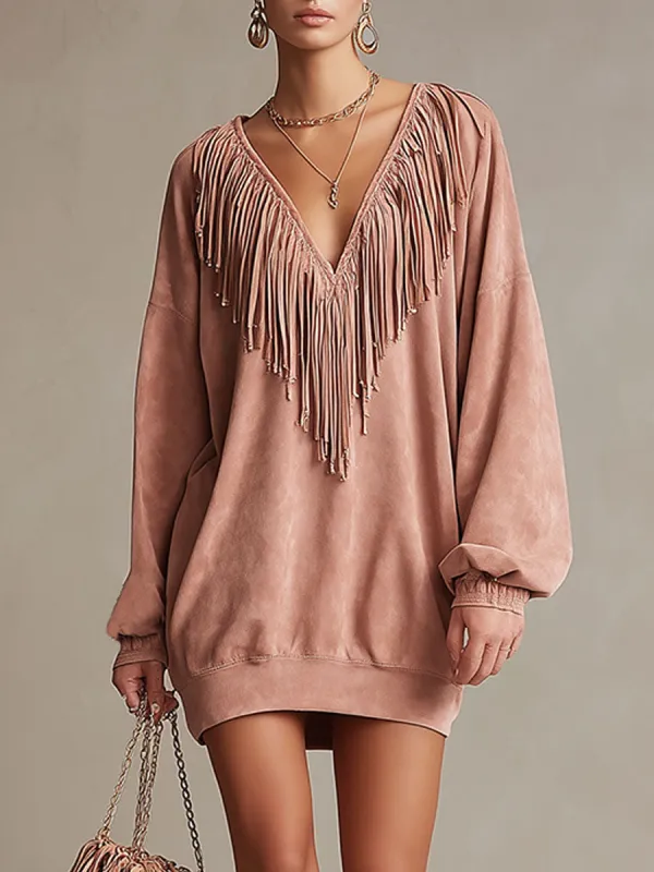 Western Retro Pink V-Neck Tassel Faux Suede Mini Dress sold by Oyrosy