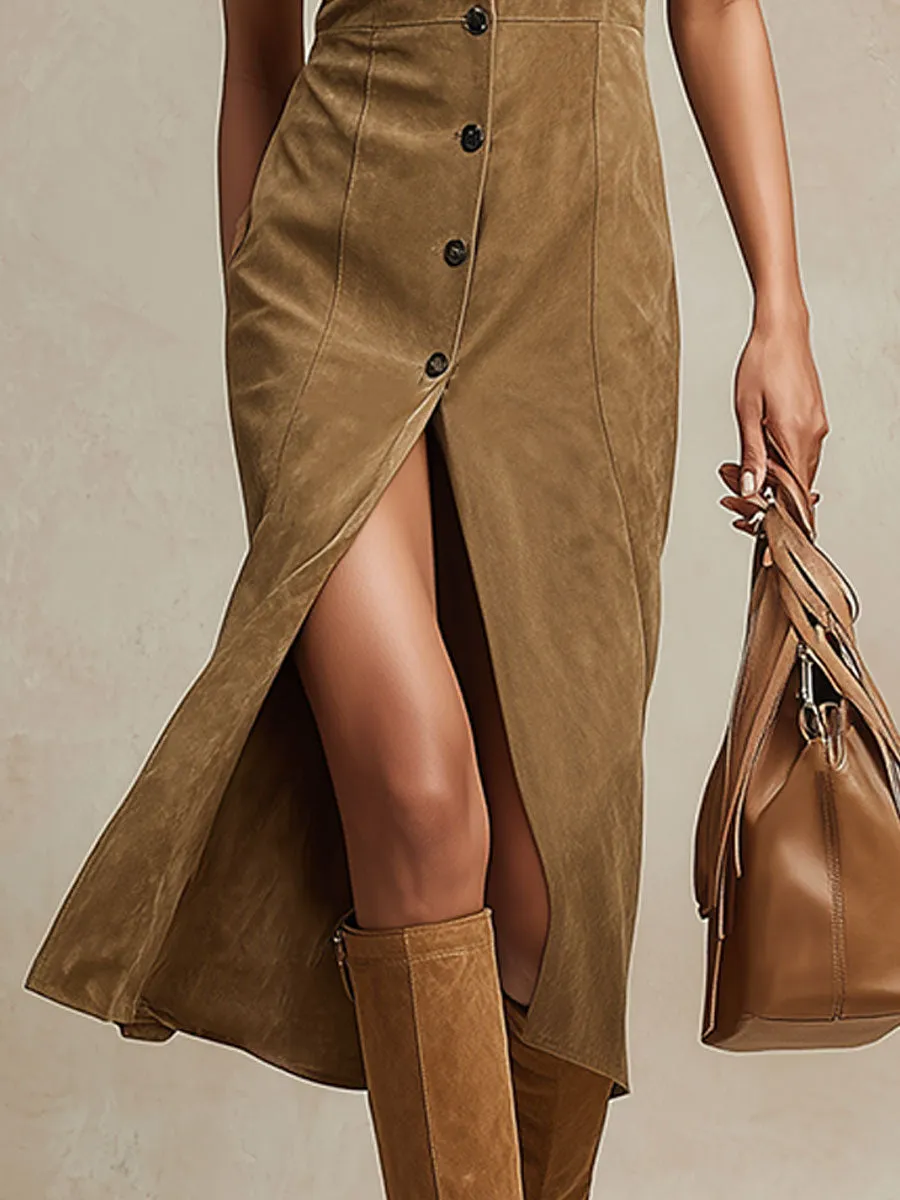 Western-style Retro Brown Stand-up Collar Faux Suede Midi Dress sold by Oyrosy product image thumbnail 4