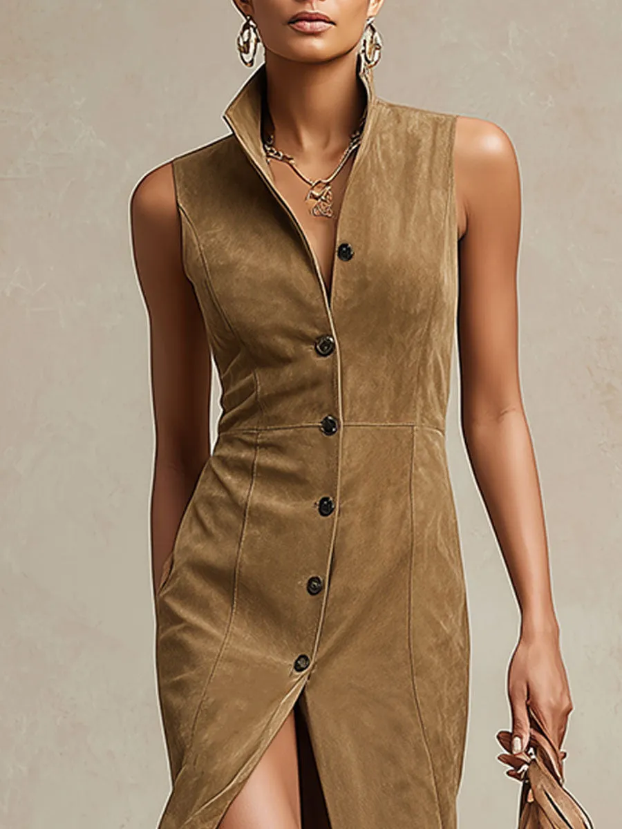 Western-style Retro Brown Stand-up Collar Faux Suede Midi Dress sold by Oyrosy product image thumbnail 3