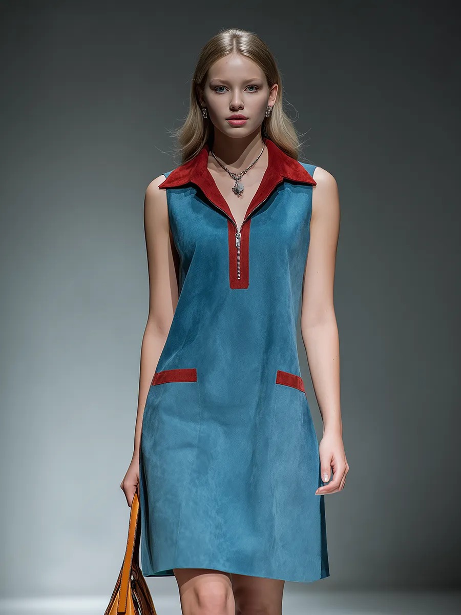 Stylish Retro-style Lapel Zipper Closure Faux Suede Mini Dress sold by Oyrosy product image thumbnail 2