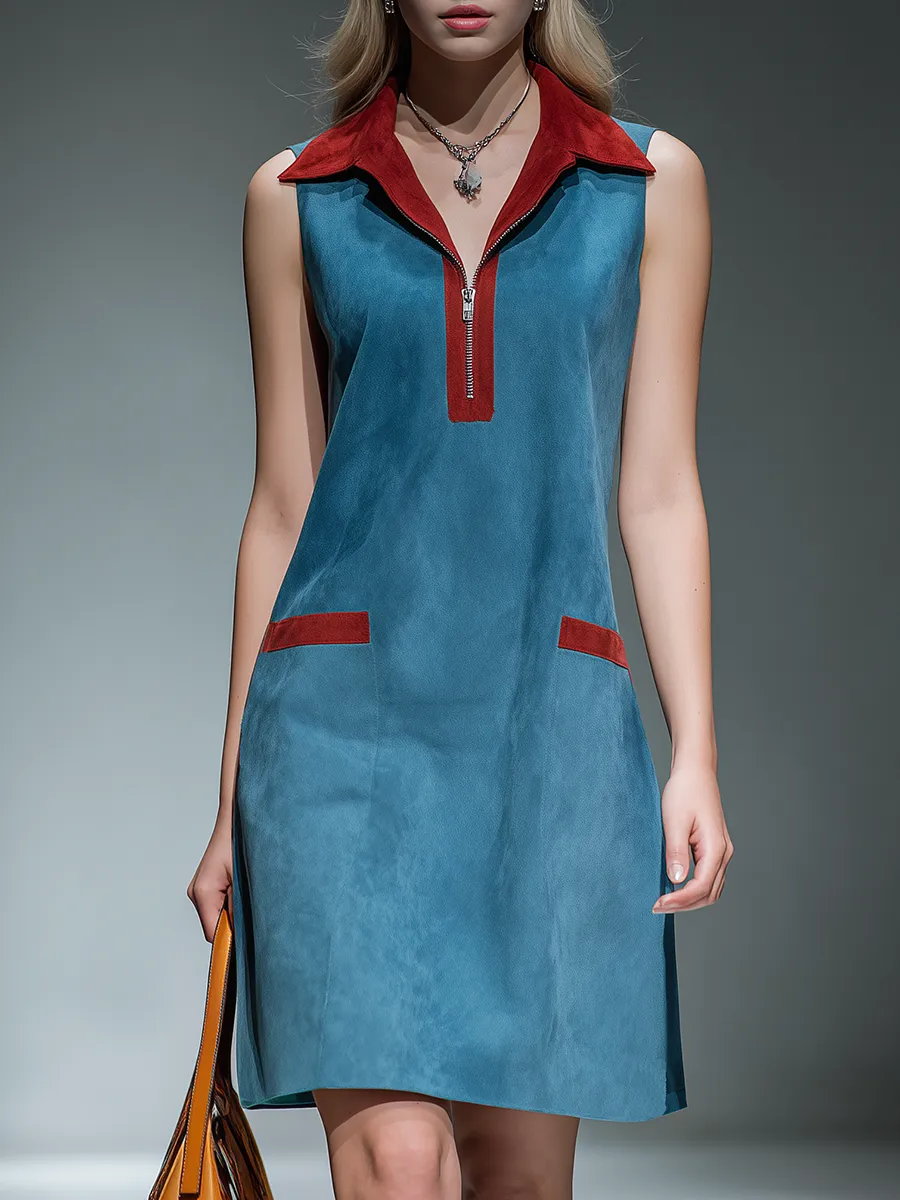 Stylish Retro-style Lapel Zipper Closure Faux Suede Mini Dress sold by Oyrosy