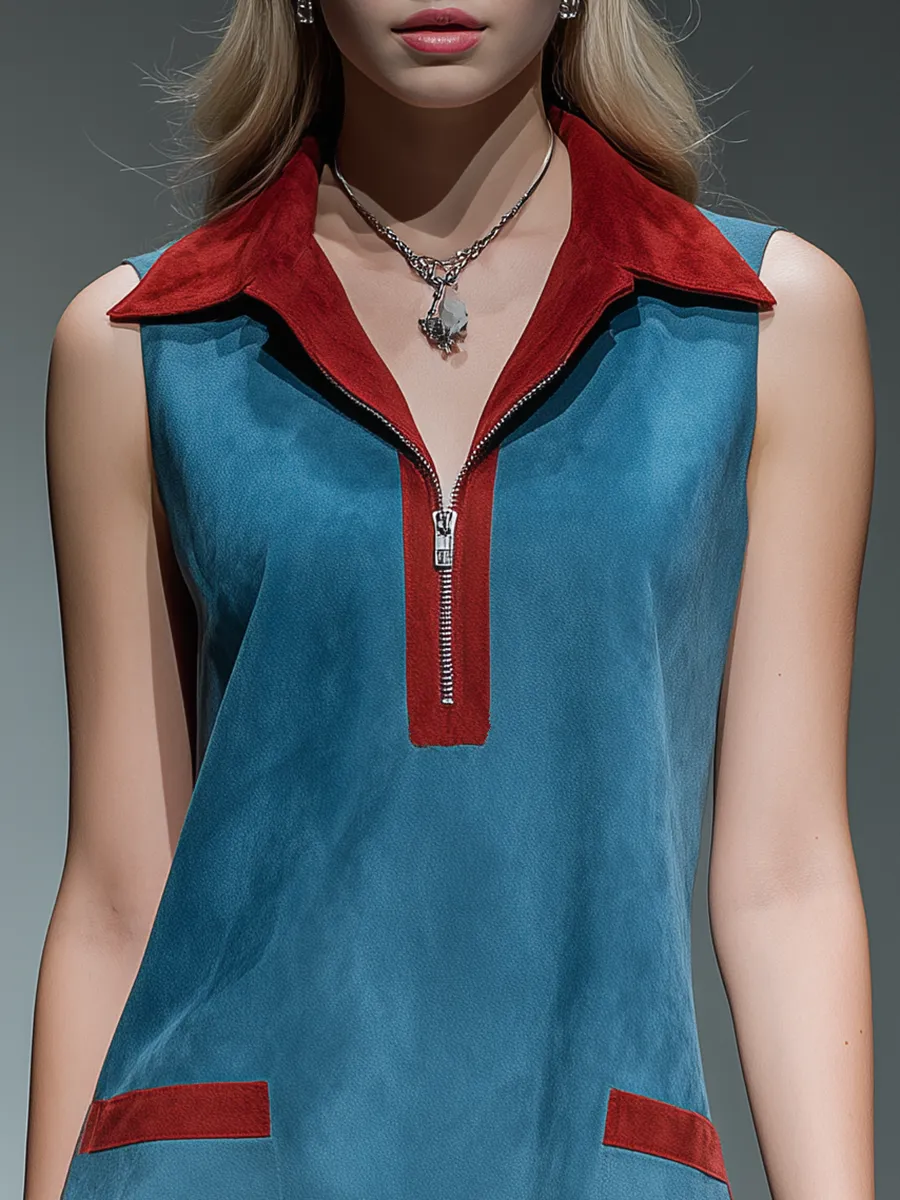 Stylish Retro-style Lapel Zipper Closure Faux Suede Mini Dress sold by Oyrosy product image thumbnail 3