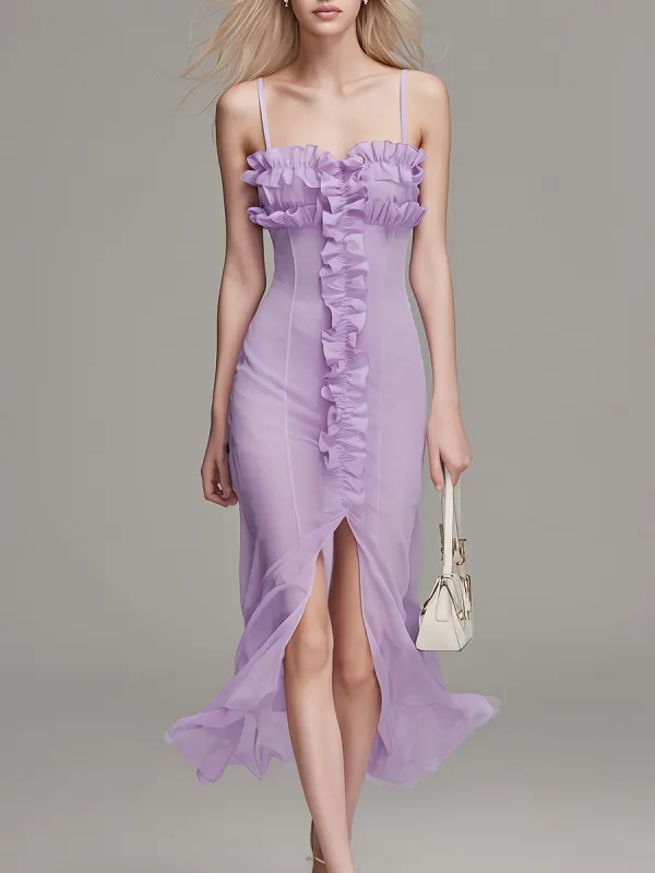 Elegant And Romantic Square-neck Ruffle Chiffon Midi Dress sold by Oyrosy