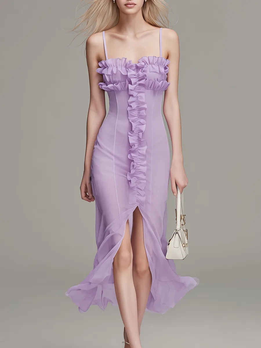 Elegant And Romantic Square-neck Ruffle Chiffon Midi Dress sold by Oyrosy