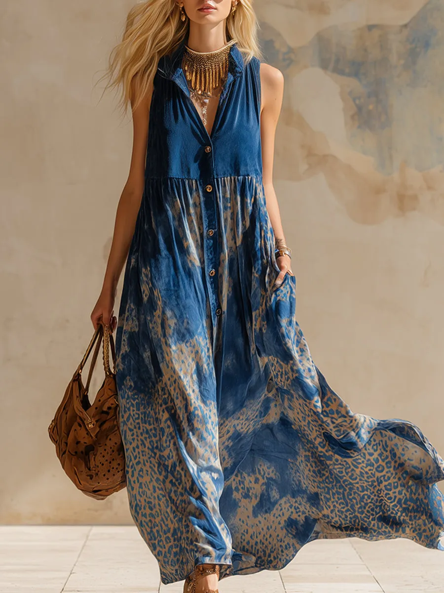 Stylish Retro Blue Lightweight Faux Suede Printed Maxi Dress sold by Oyrosy