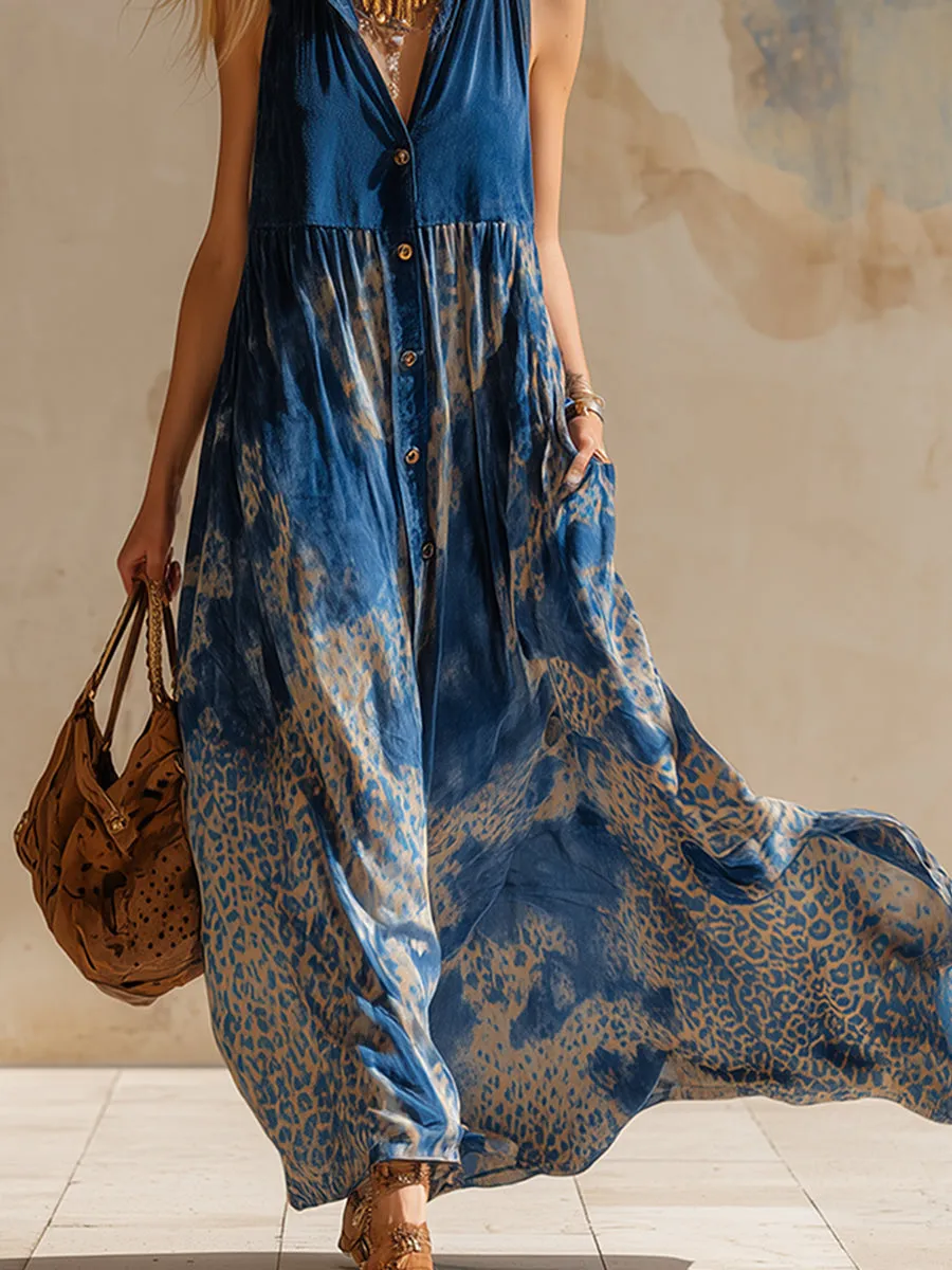 Stylish Retro Blue Lightweight Faux Suede Printed Maxi Dress sold by Oyrosy product image thumbnail 4