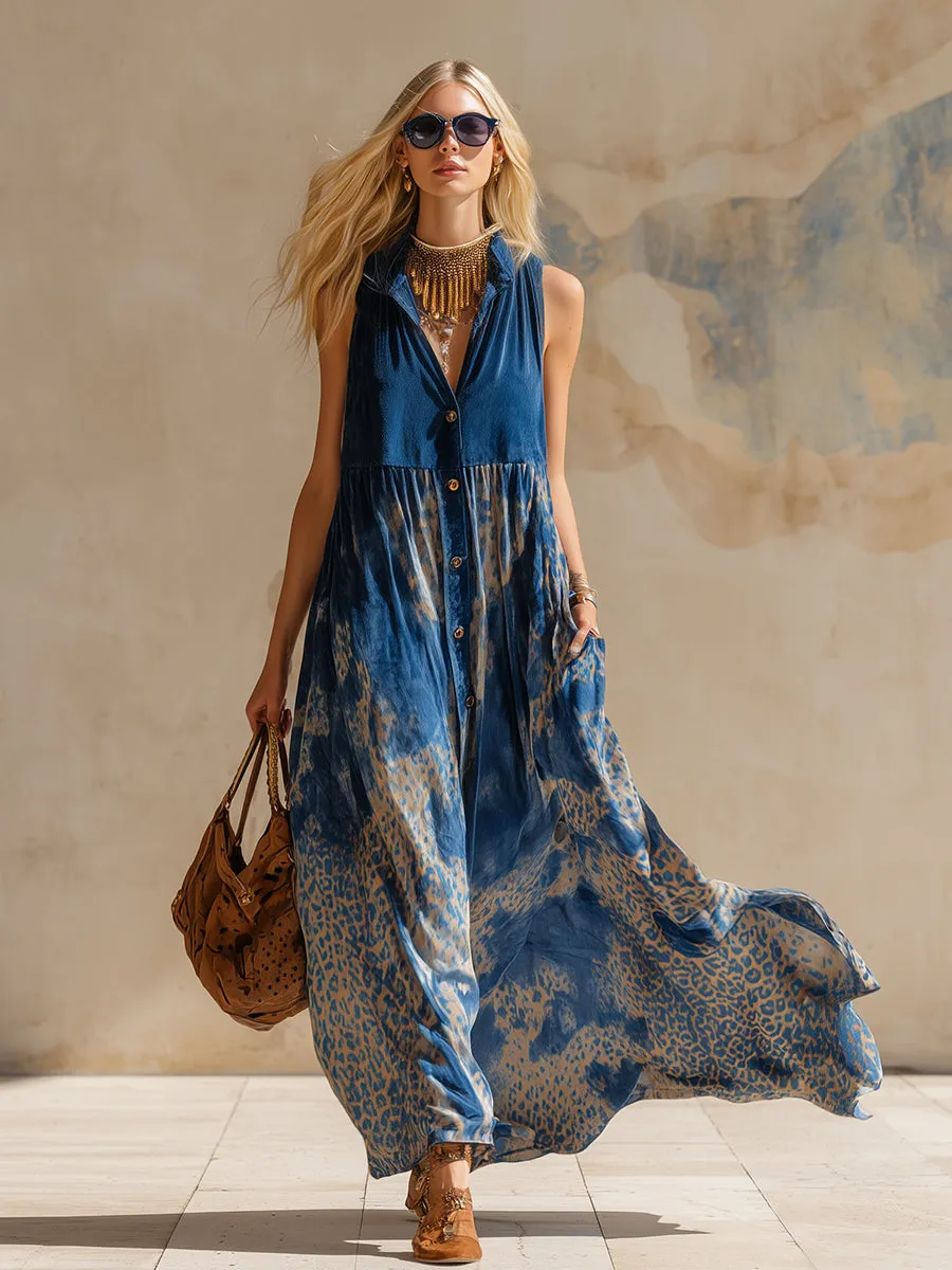 Stylish Retro Blue Lightweight Faux Suede Printed Maxi Dress sold by Oyrosy product image thumbnail 2