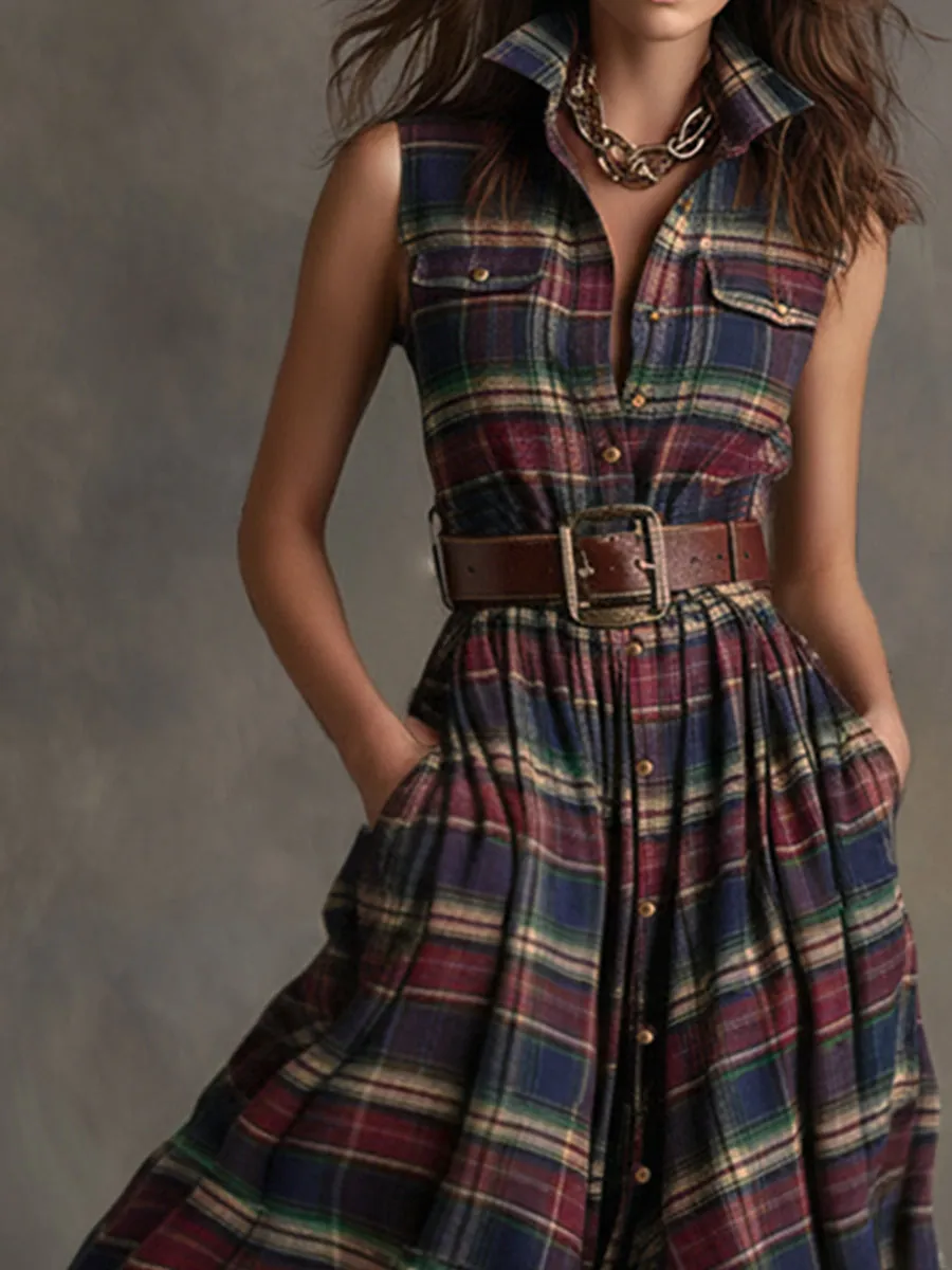 Retro Ethnic Style Lapel Collar Plaid Sleeveless Maxi Dress sold by Oyrosy product image thumbnail 3