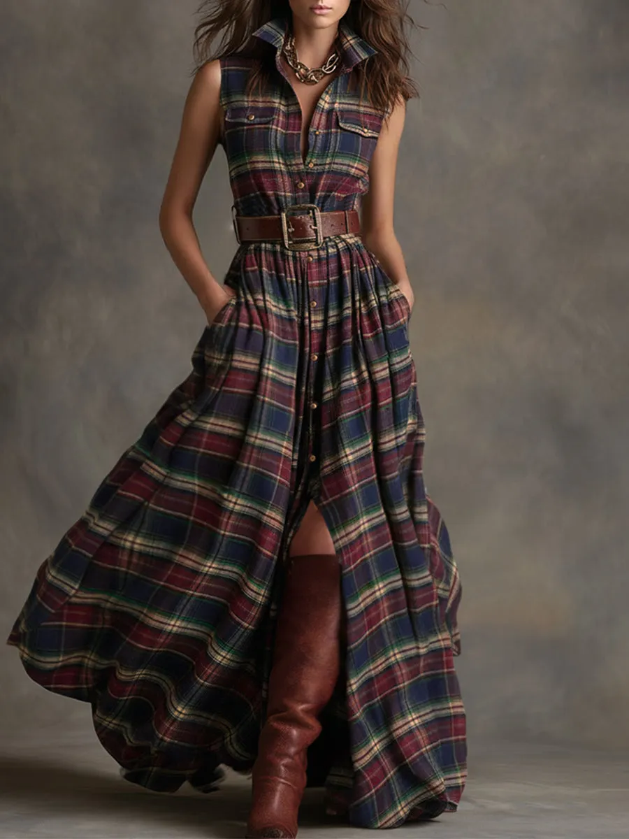 Retro Ethnic Style Lapel Collar Plaid Sleeveless Maxi Dress sold by Oyrosy