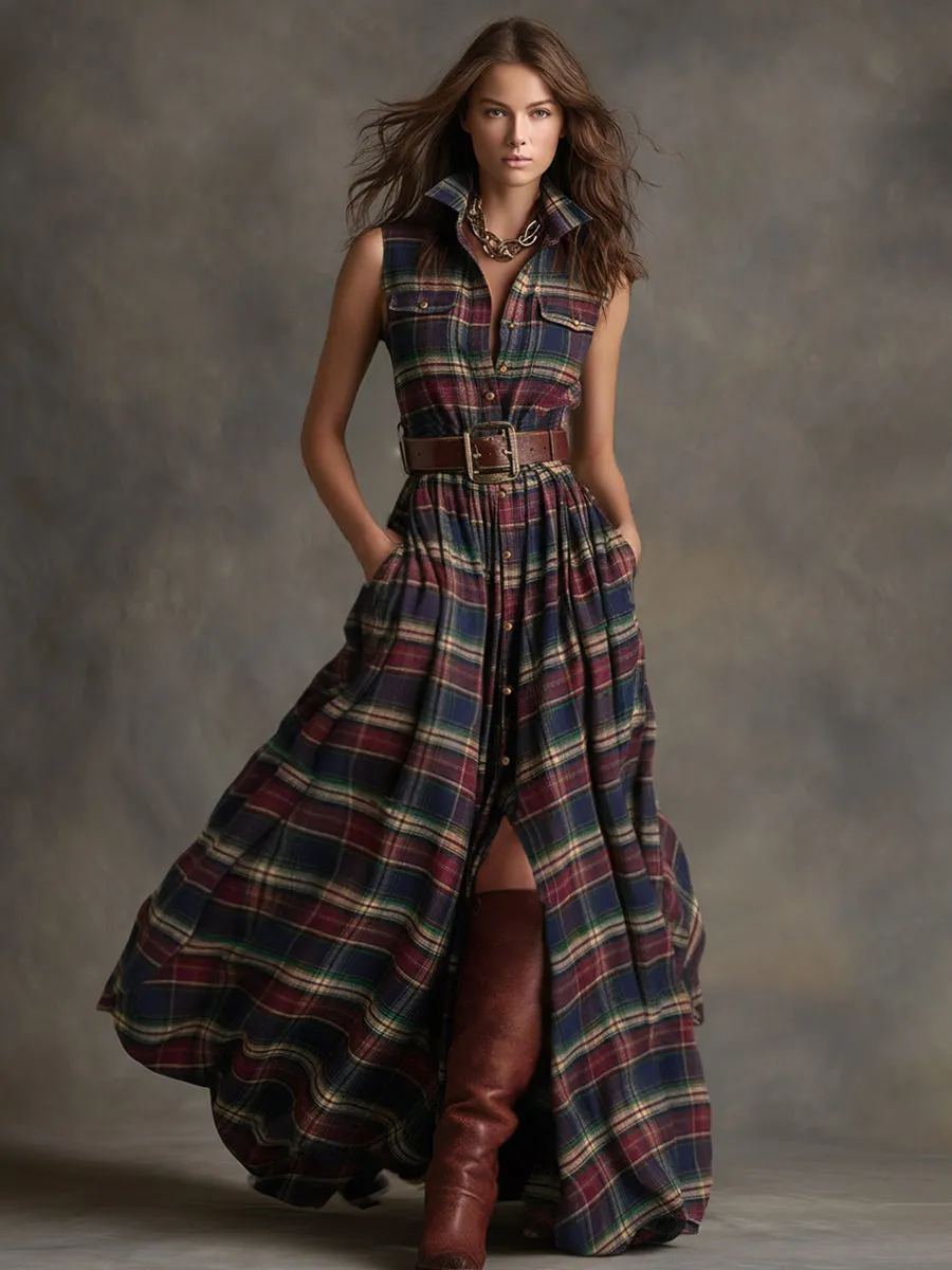 Retro Ethnic Style Lapel Collar Plaid Sleeveless Maxi Dress sold by Oyrosy product image thumbnail 2
