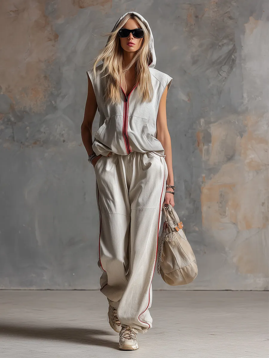 Stylish Sporty Off-white Hooded Sleeveless Top And Wide-leg Pants Set sold by Oyrosy product image thumbnail 2
